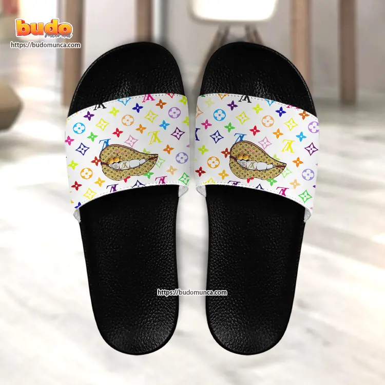 Slide sandals logo lips pattern on cement and louis vuitton gift unique slide sandals for man woman and kid